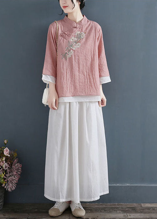Pink Stand Collar Embroideried Cotton Fake Two Piece Shirts Three Quarter Sleeve