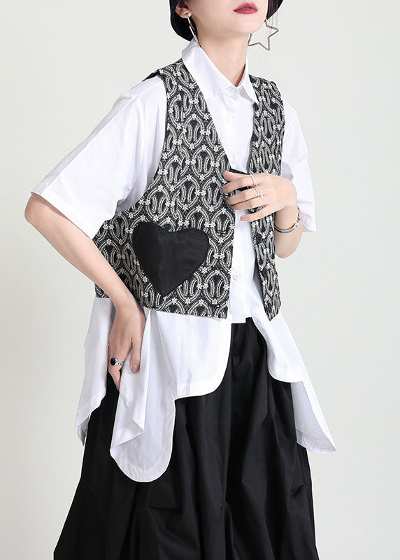 Black V Neck Patchwork Love Applique Print Cotton Vests Sleeveless