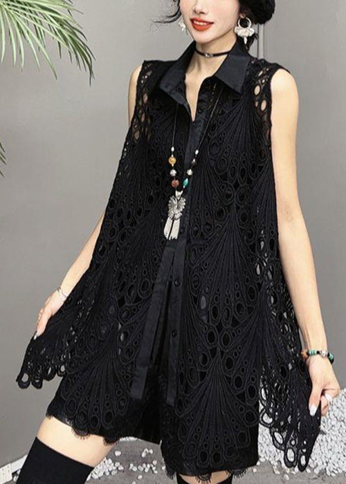 White Hollow Out Button Cotton Shirts Sleeveless