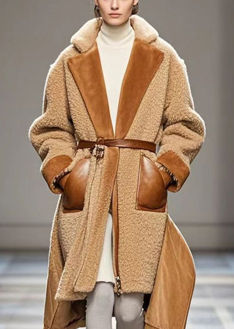 Style Coffee V Neck Patchwork Pockets Warm Fleece Coats Winter