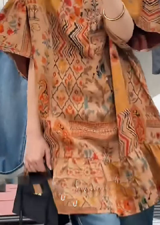 Orange Stand Collar Print Patchwork Silk Shirts Summer