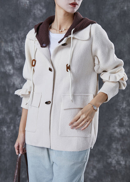 White Hooded Patchwork Ruffled Woolen Coats Spring