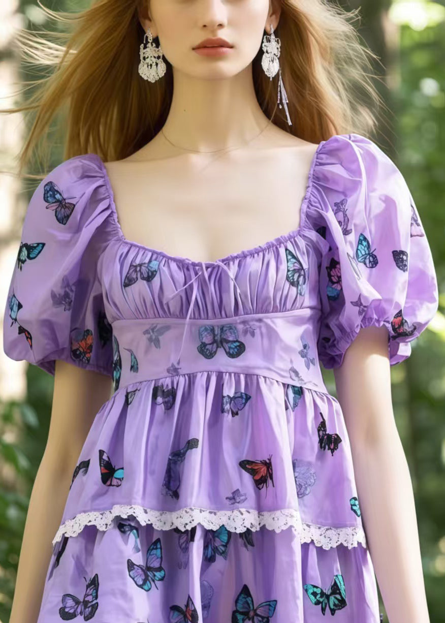 Lavender Square Collar Butterfly Cotton Tea Dress Puff Sleeve Summer