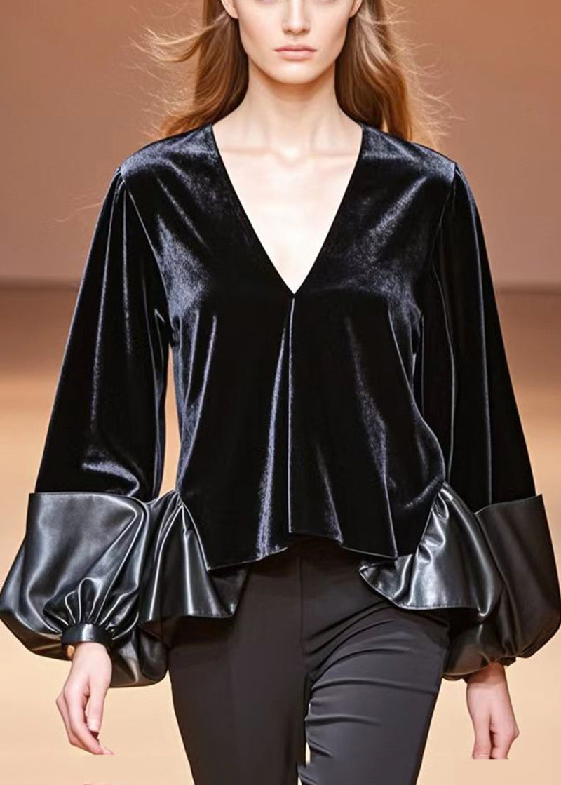 Unique Black V Neck Patchwork Pu Silk Velour Tops Lantern Sleeve