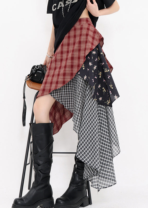 Red Asymmetrical Plaid Cotton Skirts Summer