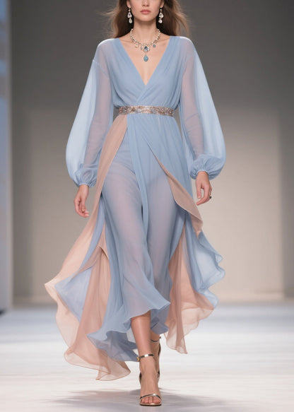 Blue Asymmetrical High Waist Patchwork Chiffon Party Dress