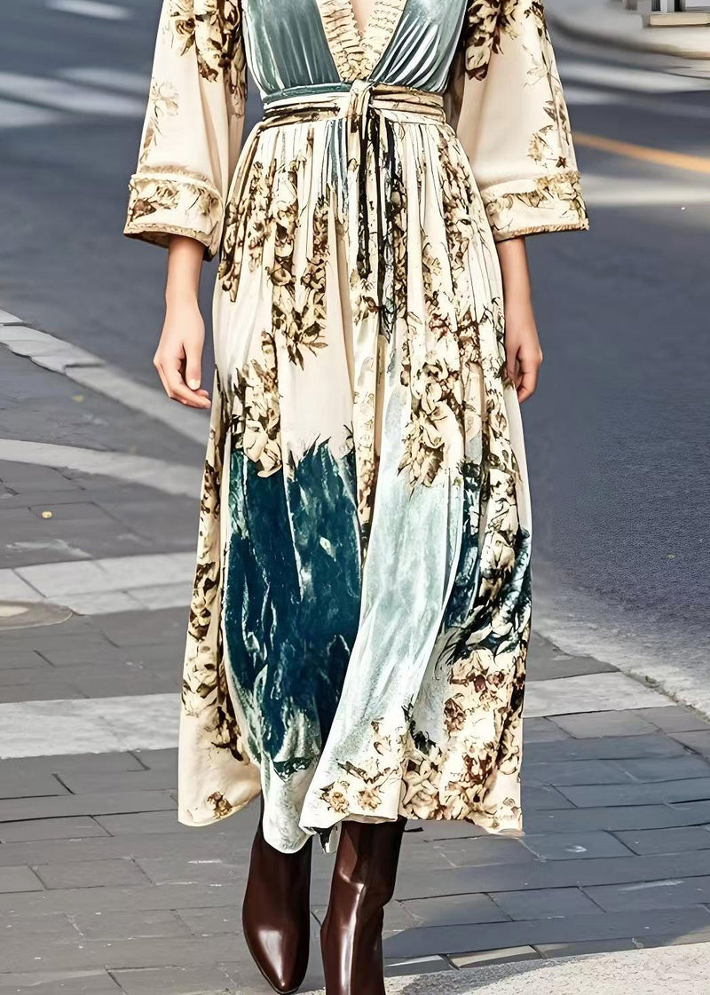 Apricot Print Exra Large Hem Silk Velour Vacation Dresses Spring