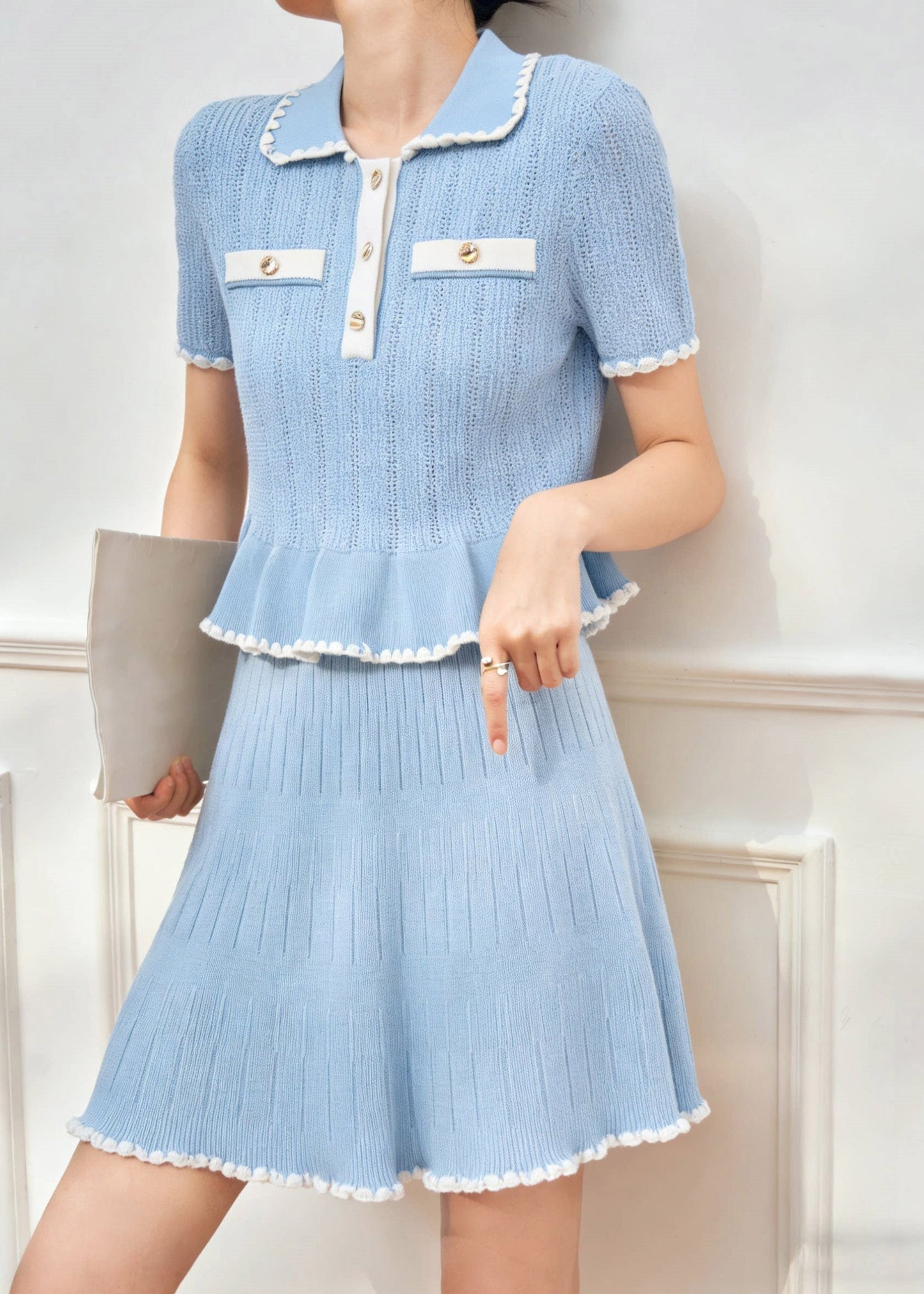 Fitted Blue Patchwork Button Knit Shirt and Skirts Two Pieces Set Short Sleeve
