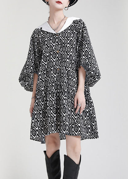 Black Button Patchwork Asymmetrical Design Puff Sleeve Fall Dresses