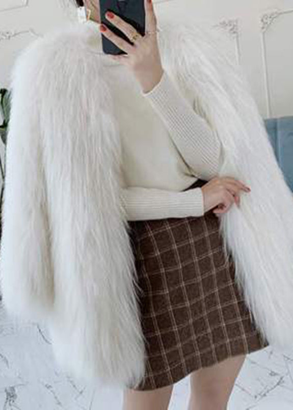 Fine Grey V Neck Leather and Fur Coat Winter