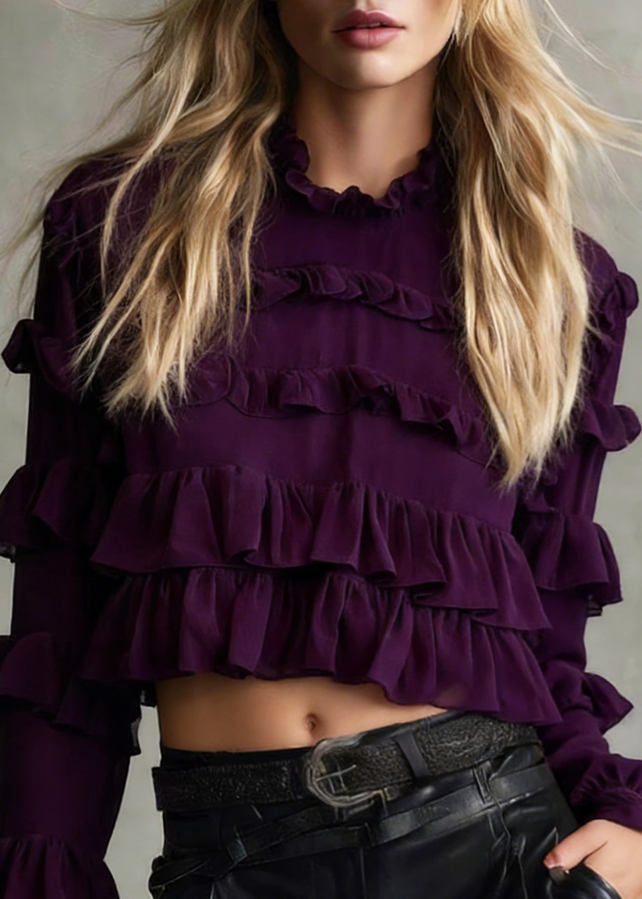 Purple Ruffled Patchwork Chiffon Blouse Tops Spring
