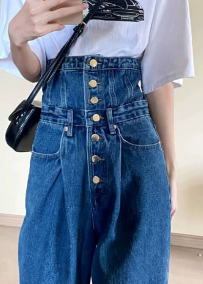 Blue High Waist Pockets Patchwork Straight Jeans Fall