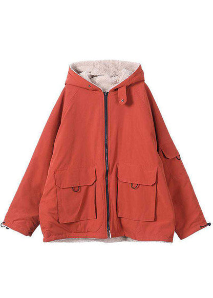 Orange Hooded Zippered Pockets Loose Winter Parkas Coat