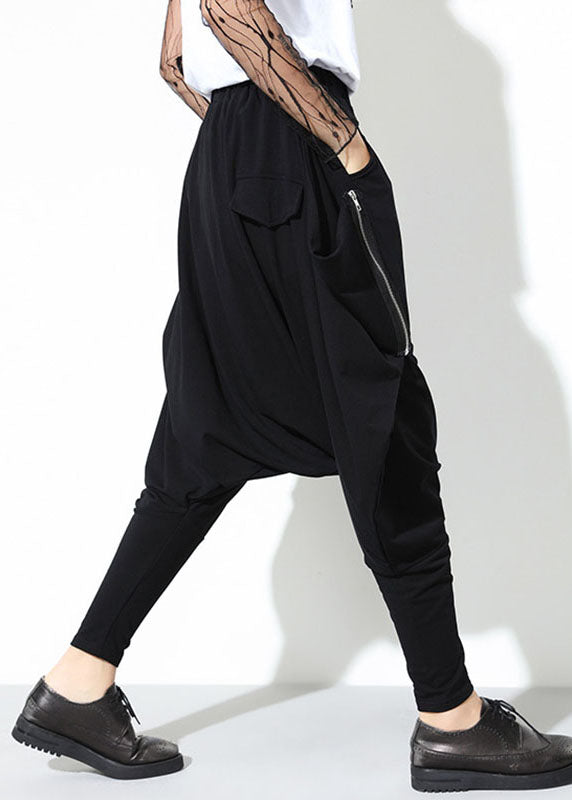 Black Patchwork Pockets Zippered Fall Harem Pants