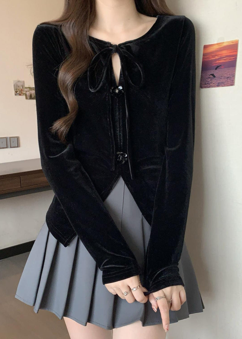 Black Side Open Flower Decorated Silk Velour Shirts Fall