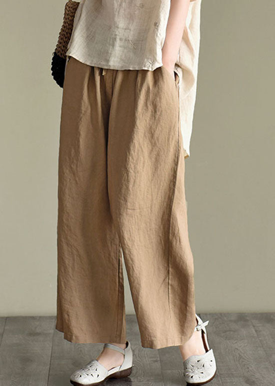 Loose Dark Khaki Elastic Waist Drawstring Linen Wide Leg Pants Spring