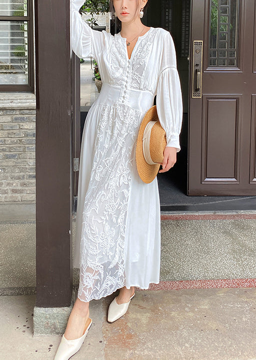 White V Neck Embroidered Lace Up Cotton Long Dresses Fall