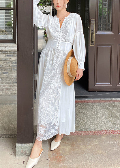 White V Neck Embroidered Lace Up Cotton Long Dresses Fall