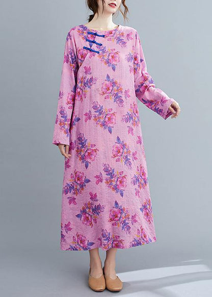 O Neck Chinese Button Spring Pattern Purple Print Loose Dress