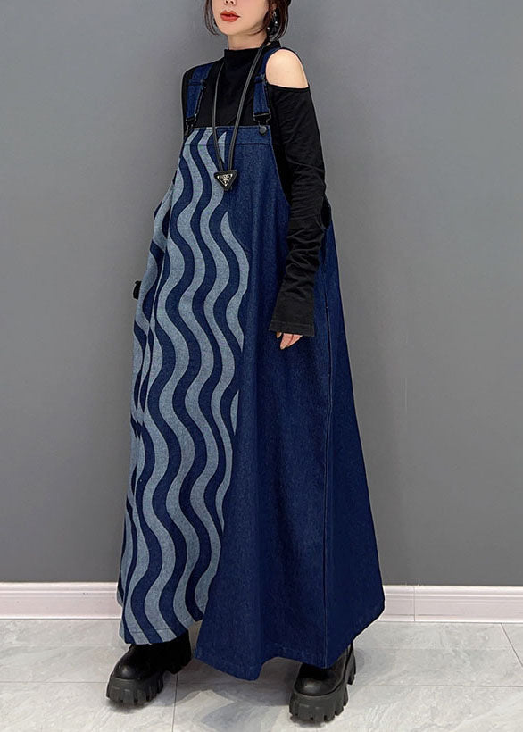 Blue Patchwork Cotton Denim Strap Dresses Spring