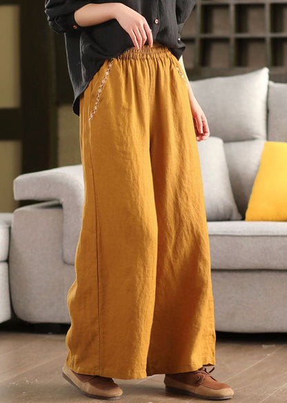 Yellow Embroidered Linen Wide Leg Pants Summer