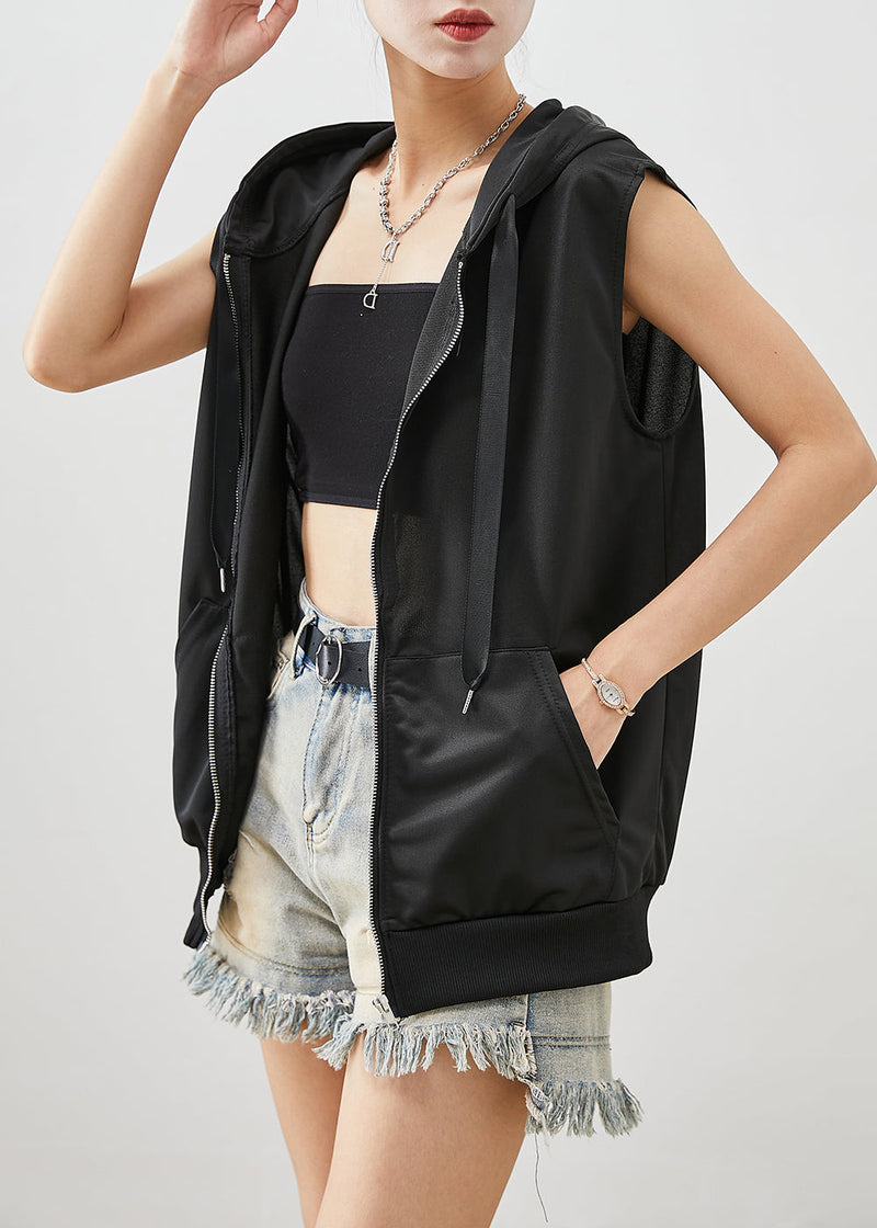Black Hooded Drawstring Cotton Vest Fall