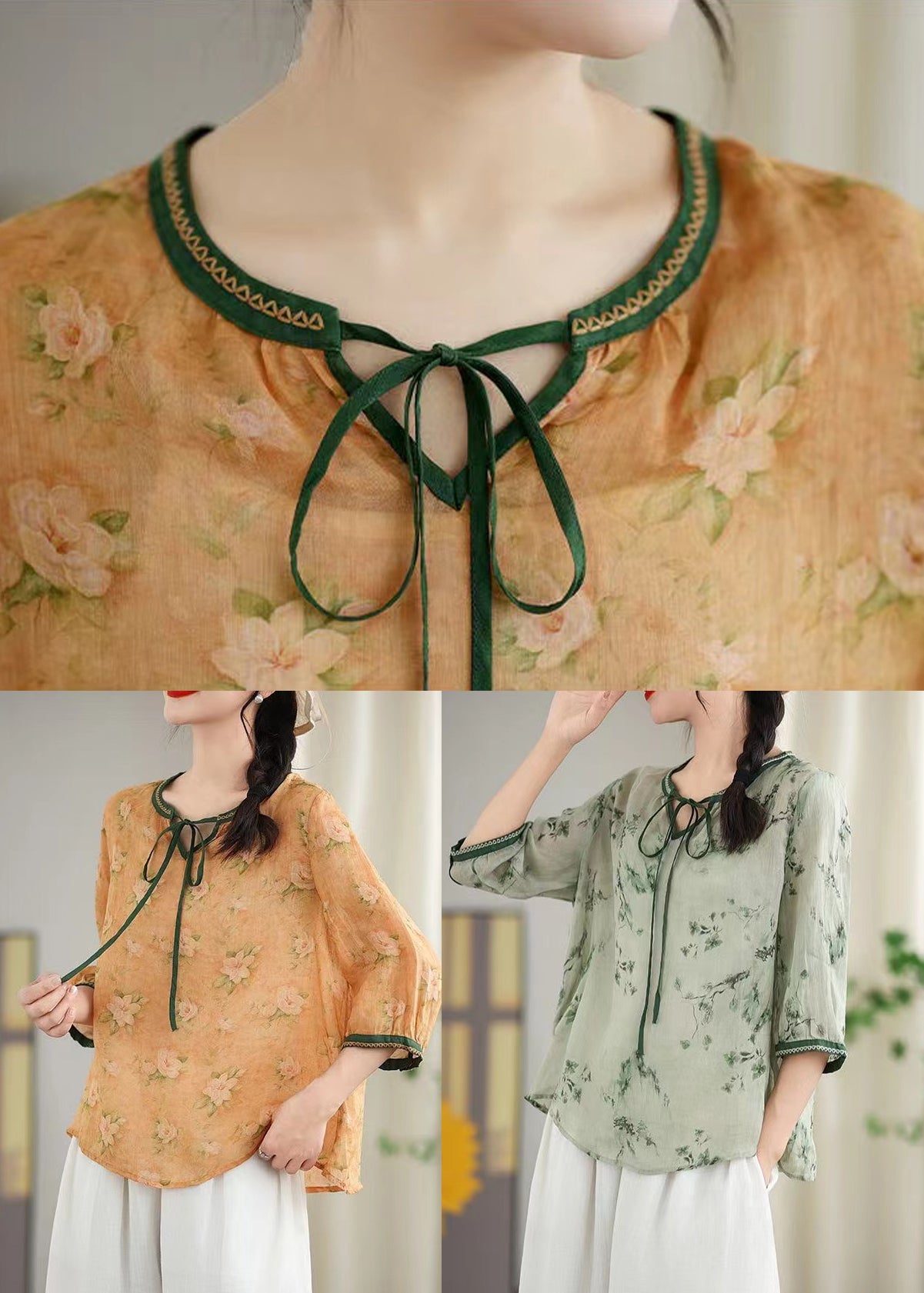 Khaki Print Lace Up Linen Blouses Spring