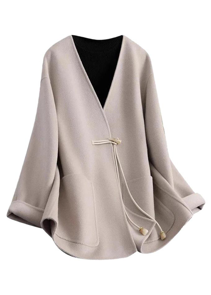 Black V Neck Pockets Woolen Coat Winter