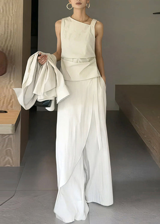 White Peter Pan Collar Shirts Vest and Wide Leg Pants Cotton Three Piece Set Long Sleeve