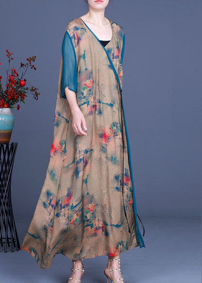 Apricot V Neck Print Asymmetrical Design Fall Holiday Dress Long Sleeve