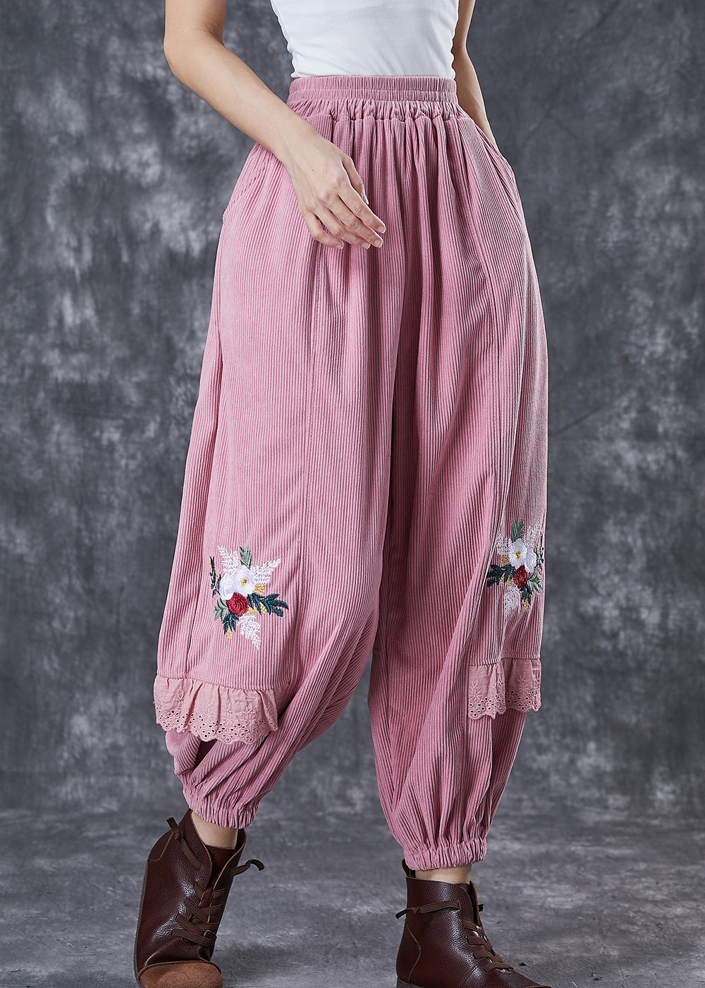 Pink Patchwork Corduroy Harem Pants Embroideried Fall