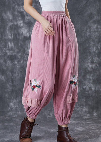 Pink Patchwork Corduroy Harem Pants Embroideried Fall