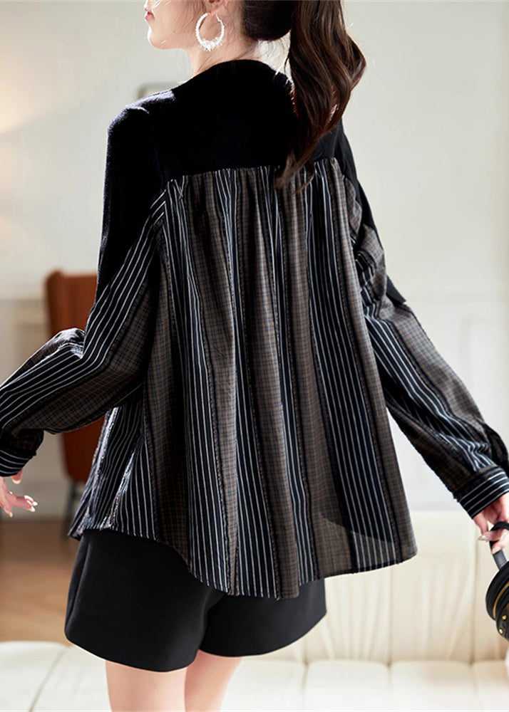 Black O-neck Fake Two Pieces Cotton Knit Patchwork Top Spring