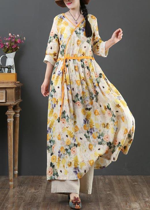 Yellow Print Linen Dress V Necktie Waist Summer Robe Dresses