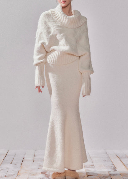 White Turtleneck Patchwork Cotton Knit Sweater and Maxi Dress Two-piece Set Fall