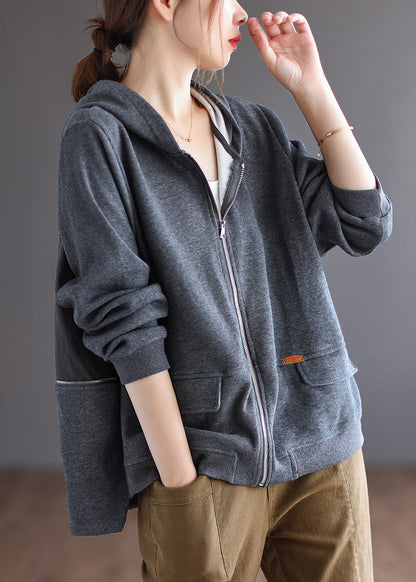 Grey Patchwork Cotton Hoodie Coat Spring