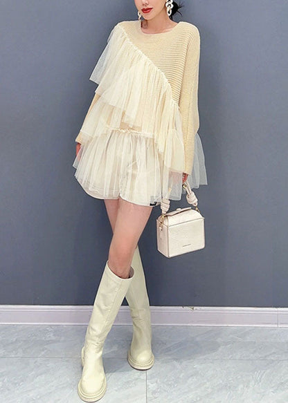 Fitted Beige O-neck Asymmetrical Tulle Patchwork Knit Tops Fall