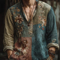 Men's Vintage Boho Floral Embroidered Colorblock Patchwork Linen Shirt artswardrobe