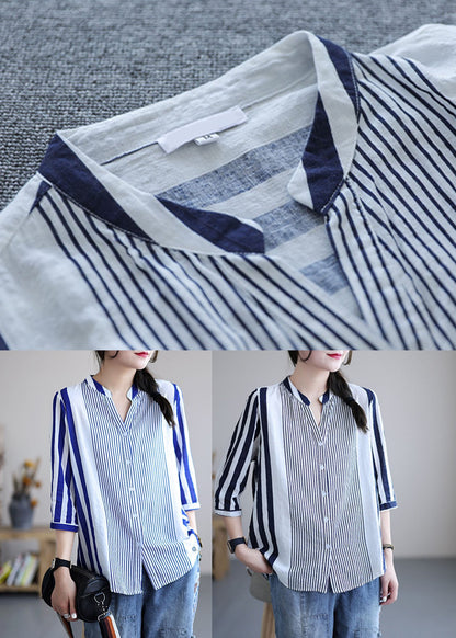Blue V Neck Striped Cotton Blouses Bracelet Sleeve