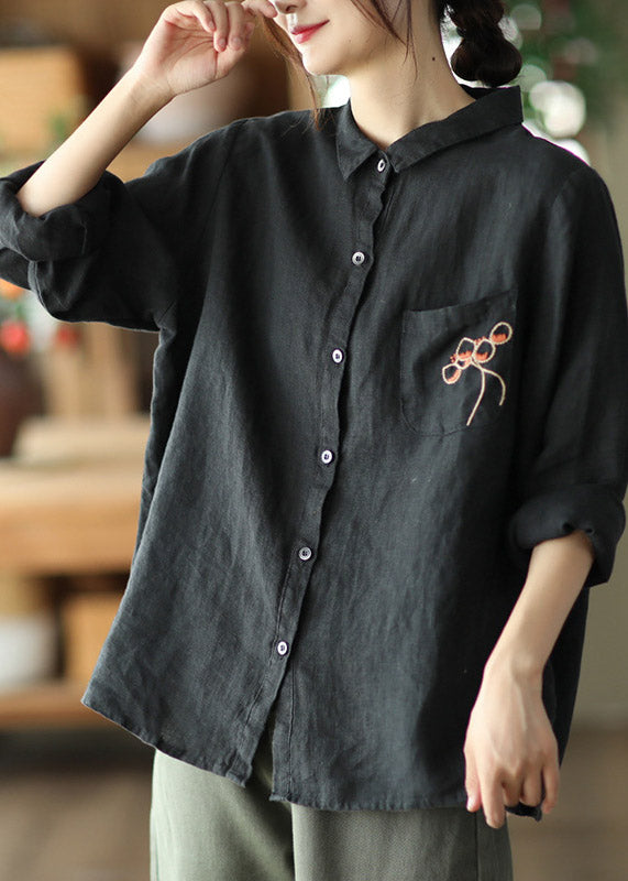 Red Peter Pan Collar Embroideried Button Linen Shirt Long Sleeve