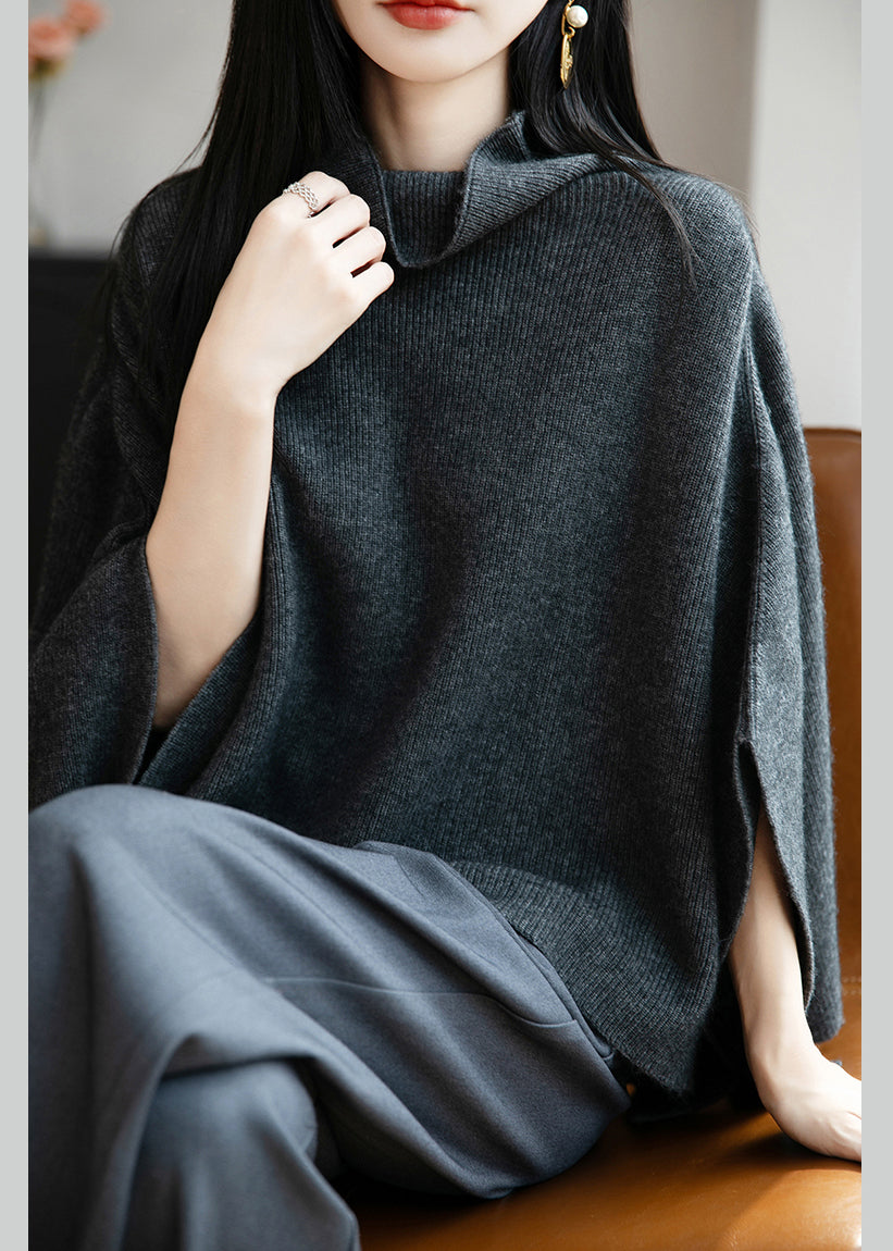 Simple Dark Gray Cozy Wool Sweaters Batwing Sleeve