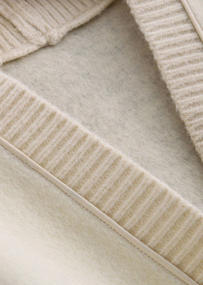 Black V Neck Button Knit Patchwork Woolen Coats Long Sleeve