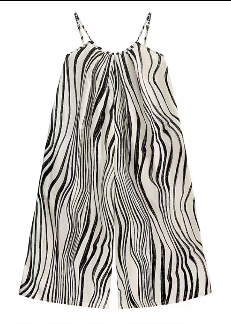 White Zebra Pattern Wide Leg Chiffon Spaghetti Strap Jumpsuit Summer