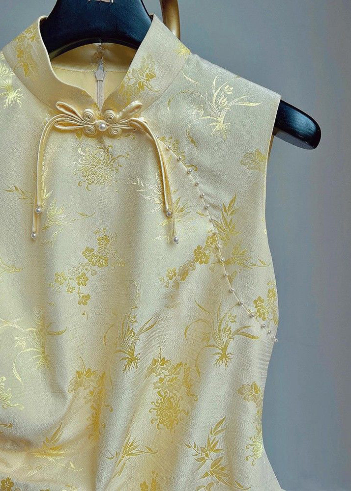 Yellow Stand Collar Print Drawstring Silk Waistcoat Sleeveless