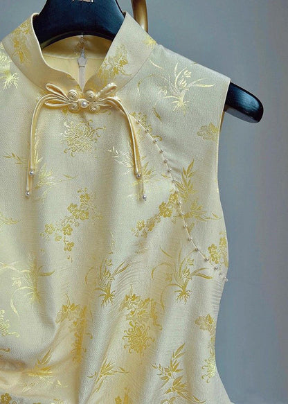 Yellow Stand Collar Print Drawstring Silk Waistcoat Sleeveless