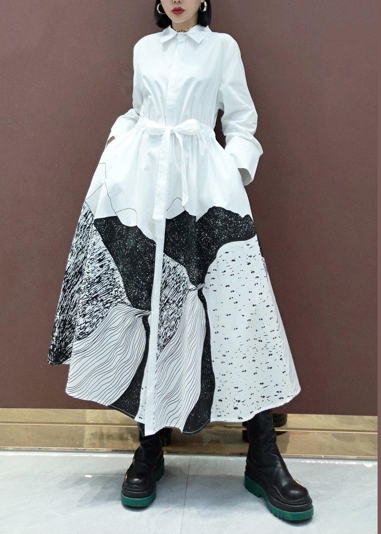 Simple Lapel Drawstring Spring Dresses Work Outfits White Print a Line Dress