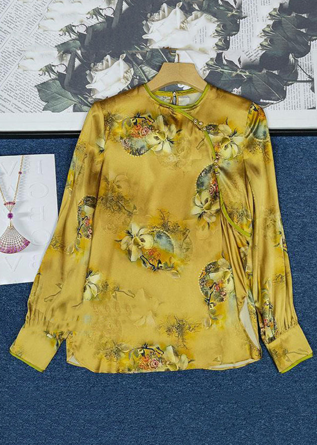 Yellow Button Print Patchwork Silk Shirts Long Sleeve