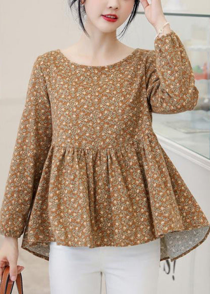 Retro Yellow Print Cotton Shirt Top Asymmetrical Long Sleeve
