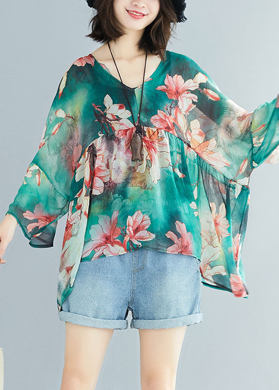 Handmade Green V Neck Patchwork Print Fall Top Three Quarter Sleeve