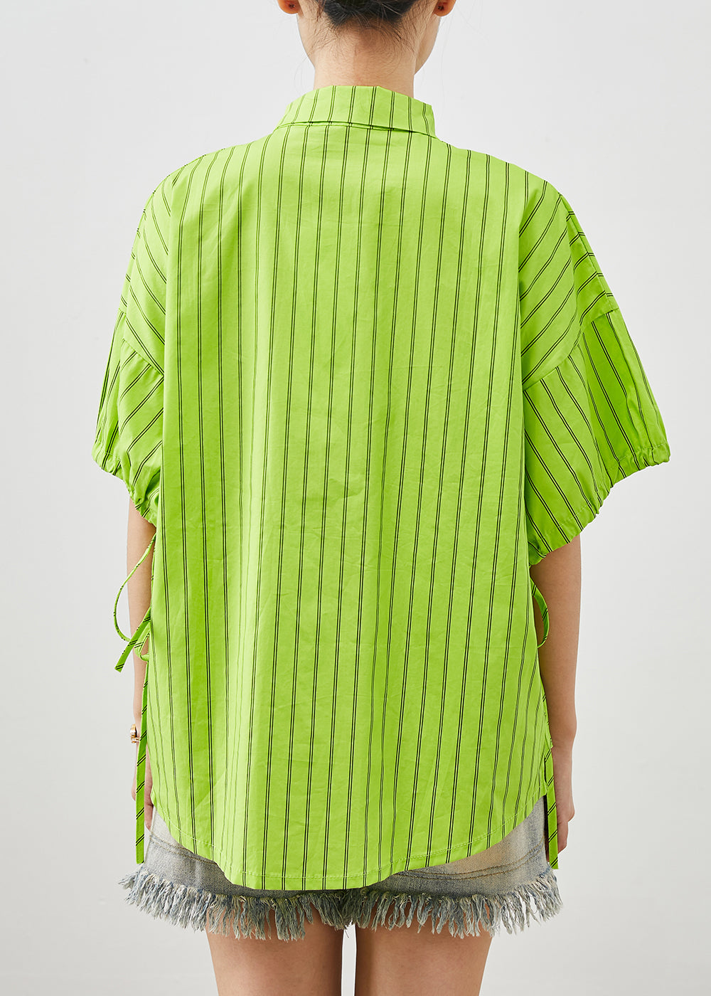 Grass Green Striped Cotton Shirt Tops Summer